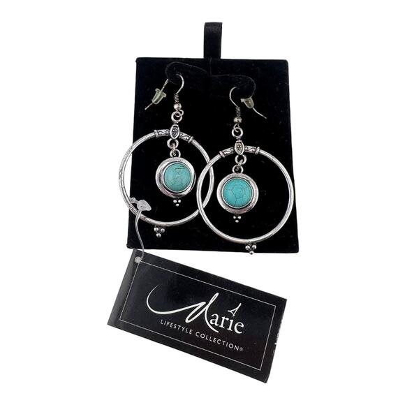 2.5” NWT GiftCraft Marie Osmond Silver Tone Faux Turquoise Dangle Earrings - Picture 1 of 4
